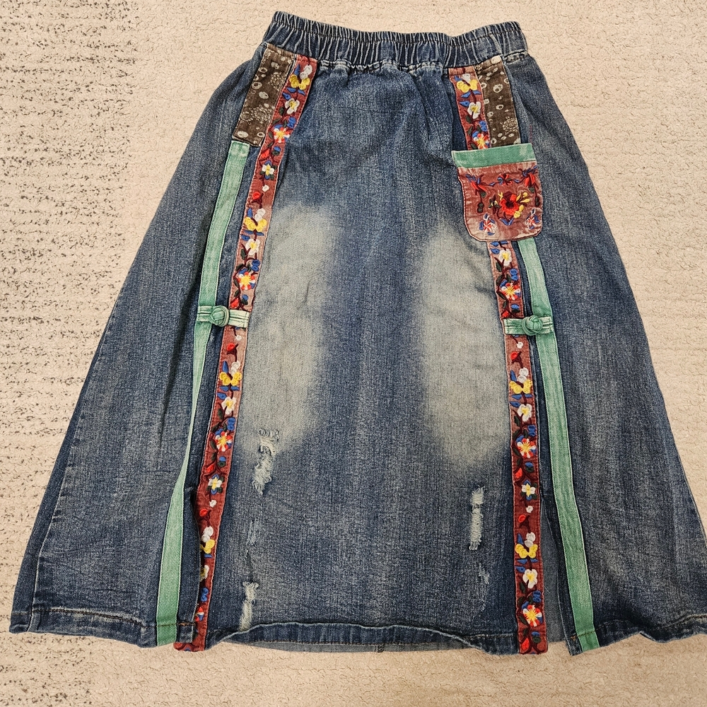 Denim Midi Skirt with Floral Embroidered Trim - Blue